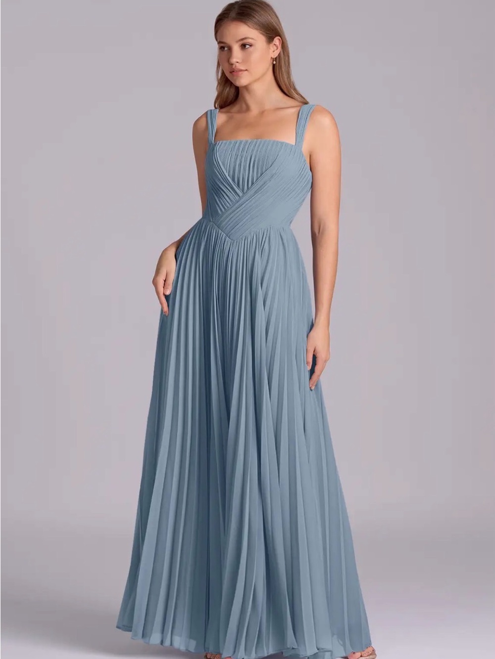 Azazie Dusty Blue Pleated Maxi Dress with Square Neck